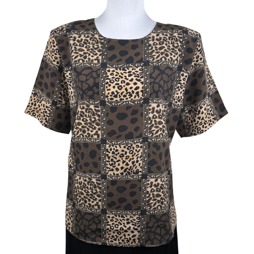 Kathy Che Women Top Size L Brown Animal Print Crew Neck Short Sleeve